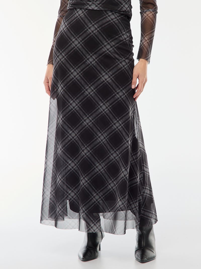 Jupe longue en mesh à carreaux Gris - Kiabi
