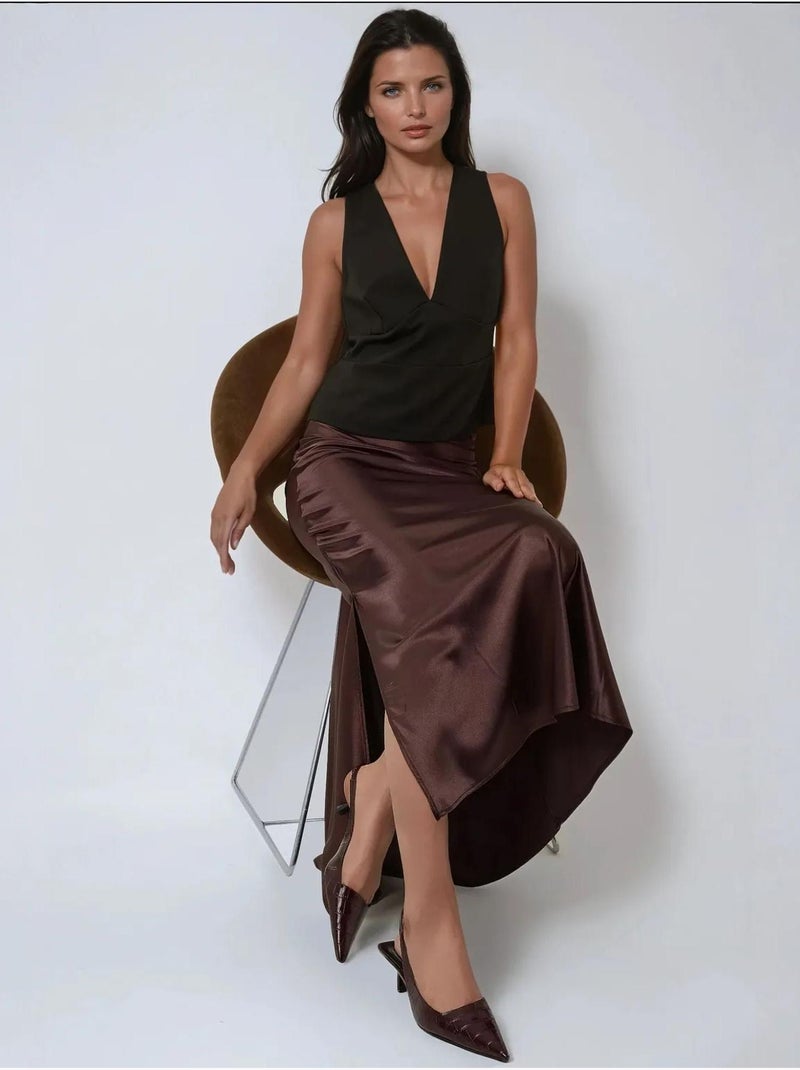 Jupe longue en satin avec fente latérale Marron - Kiabi