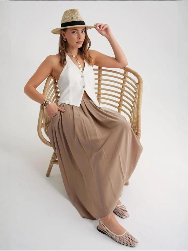 Jupe longue en tulle taille haute avec poches mixray Camel - Kiabi