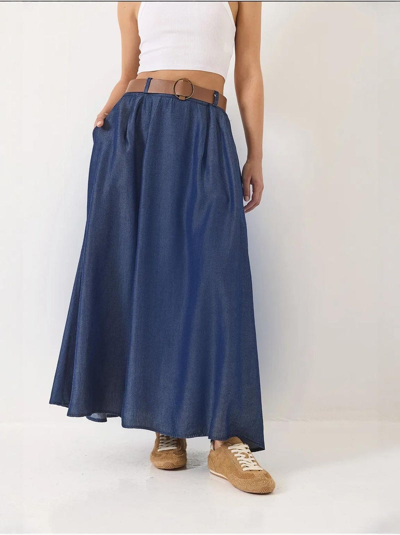 Jupe longue évasée en jean d'été avec ceinture et poches bianco lucci Bleu marine - Kiabi