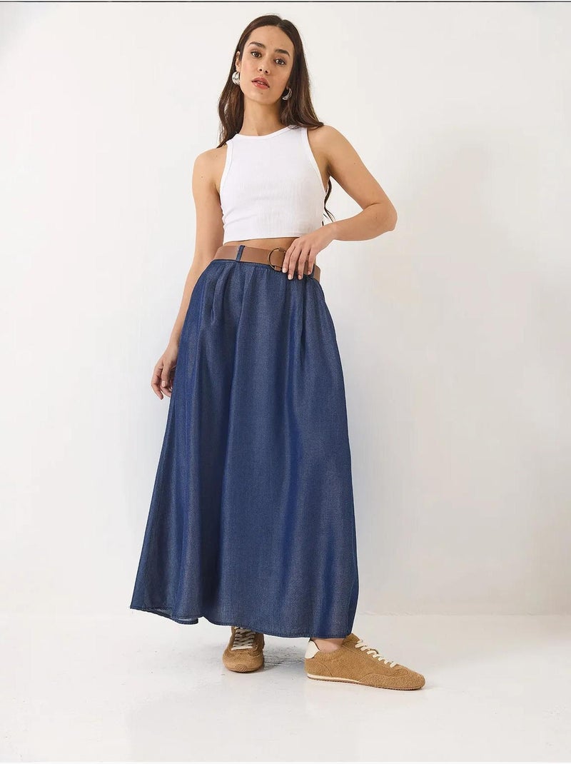 Jupe longue évasée en jean d'été avec ceinture et poches bianco lucci Bleu marine - Kiabi