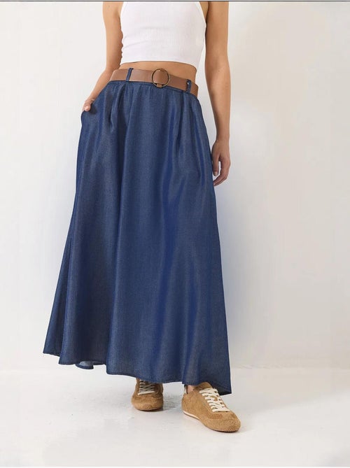 Jupe longue évasée en jean d'été avec ceinture et poches lucci - Kiabi