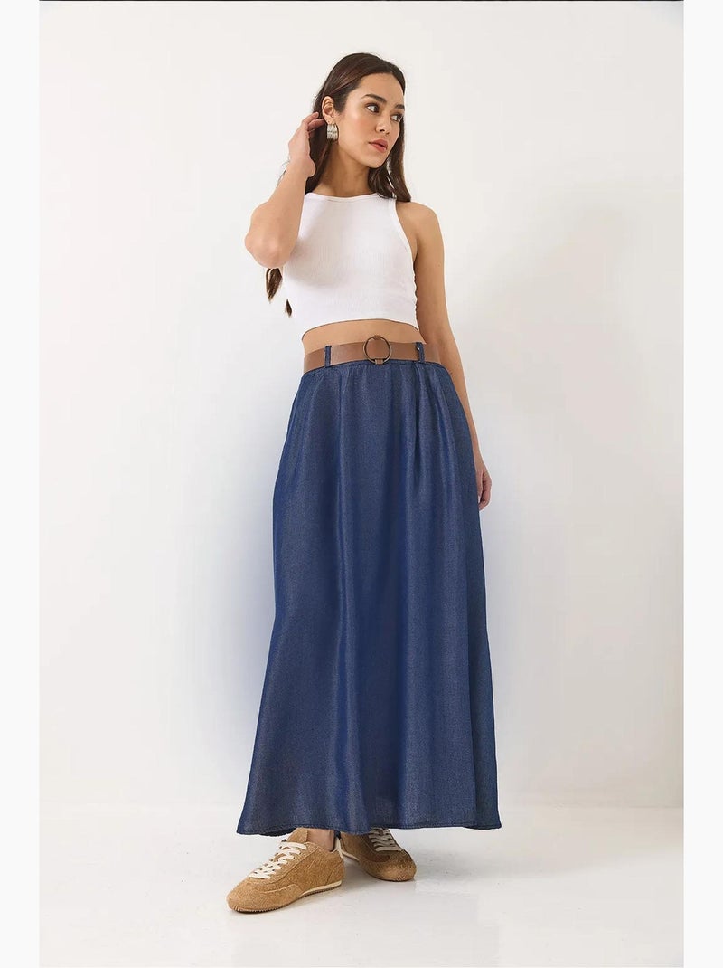 Jupe longue évasée en jean d'été avec ceinture et poches lucci Bleu marine - Kiabi