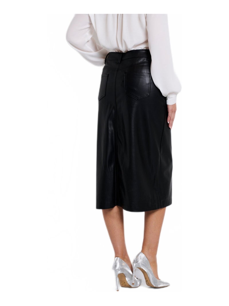 Jupe longue fendue en faux cuir Noir - Kiabi