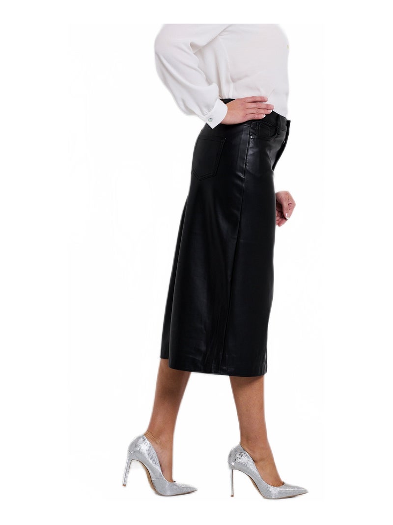 Jupe longue fendue en faux cuir Noir - Kiabi