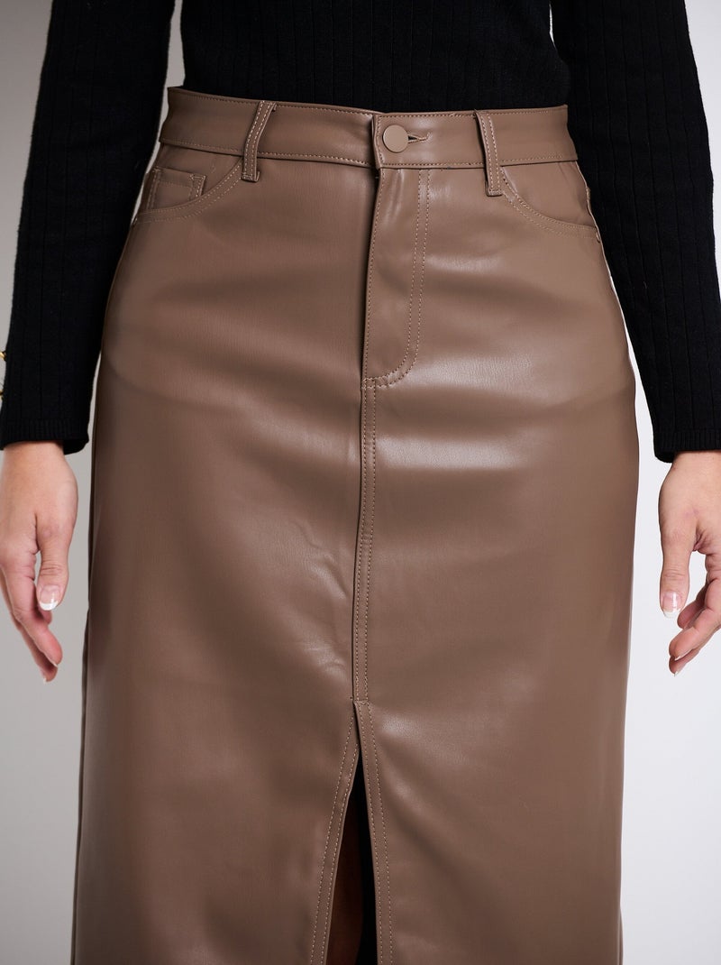 Jupe longue fendue en faux cuir Taupe - Kiabi