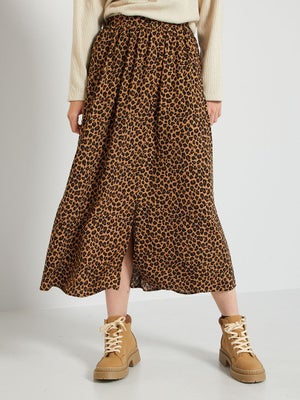 Jupe Trapèze Léopard Pour Femme - Taille élastique, Fente, Longueur Mi-mollet - Style Décontracté, Ligne A