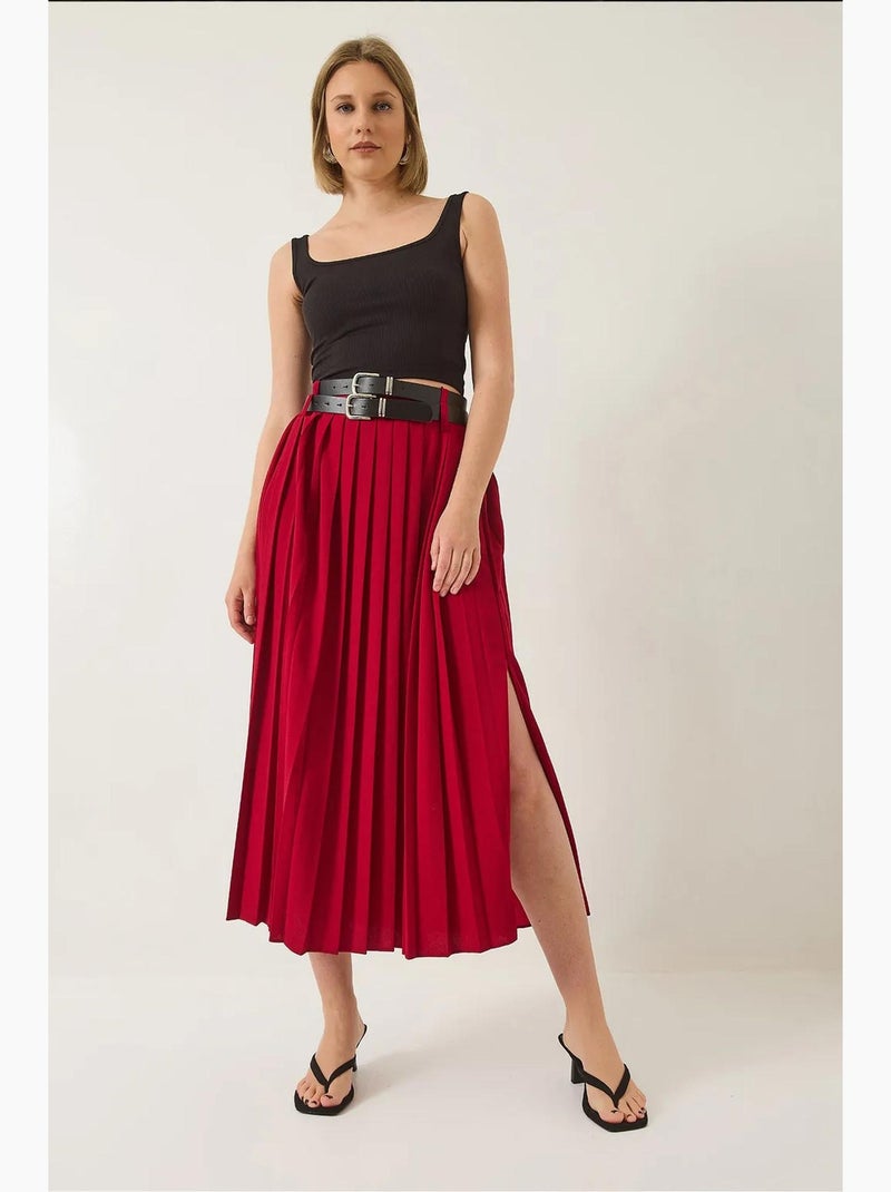 Jupe longue plissée à double ceinture et fentes lucci Rouge bordeaux - Kiabi