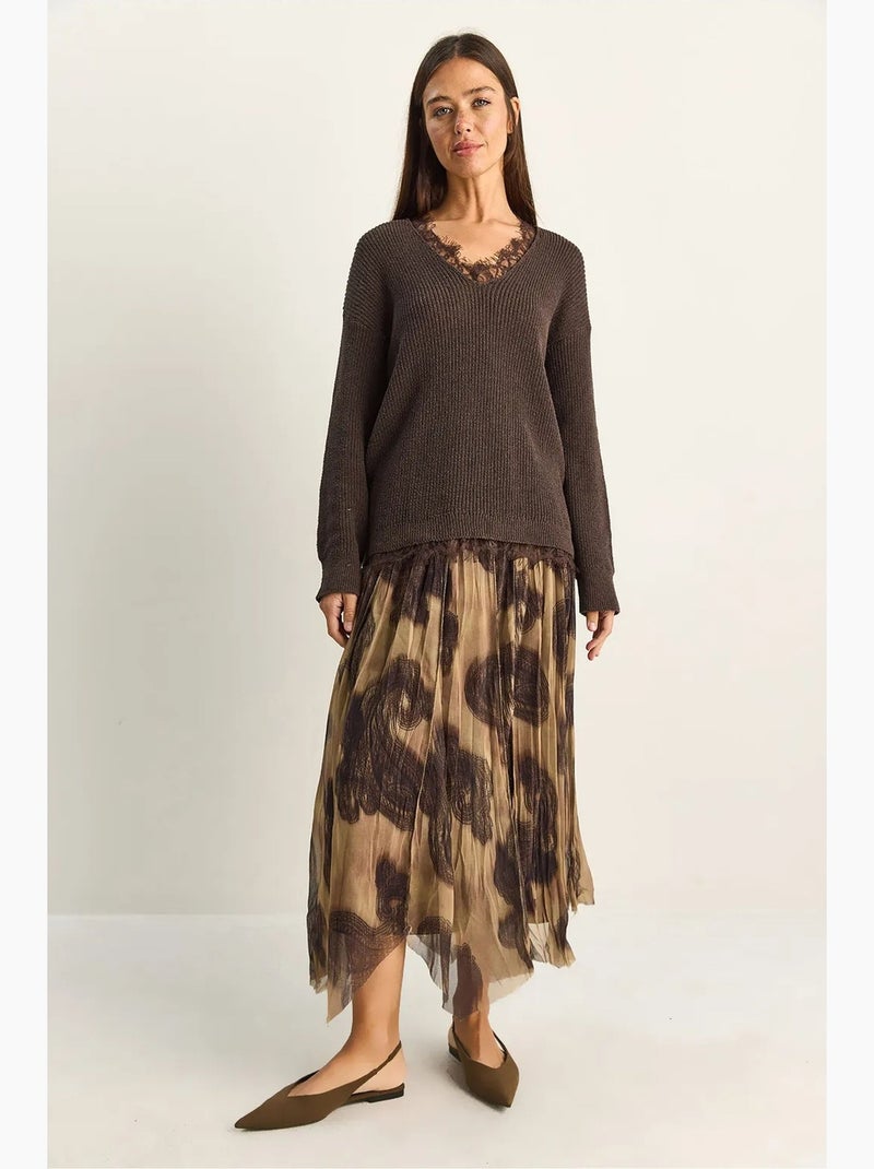 Jupe longue taille haute à imprimé ethnique lucci Grège - Kiabi