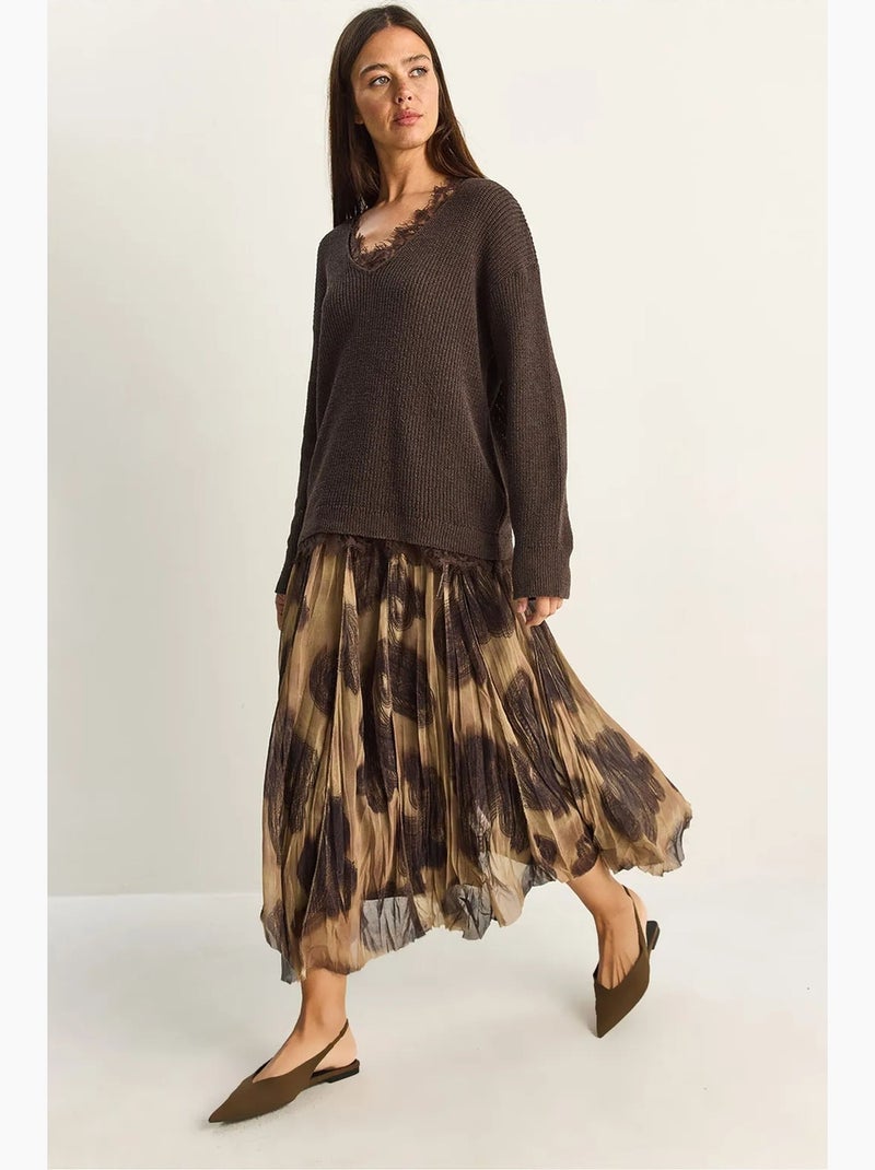 Jupe longue taille haute à imprimé ethnique lucci Grège - Kiabi