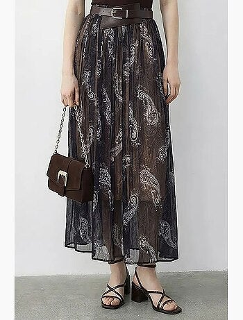 Jupe longue taille haute à motif cachemire avec ceinture lucci