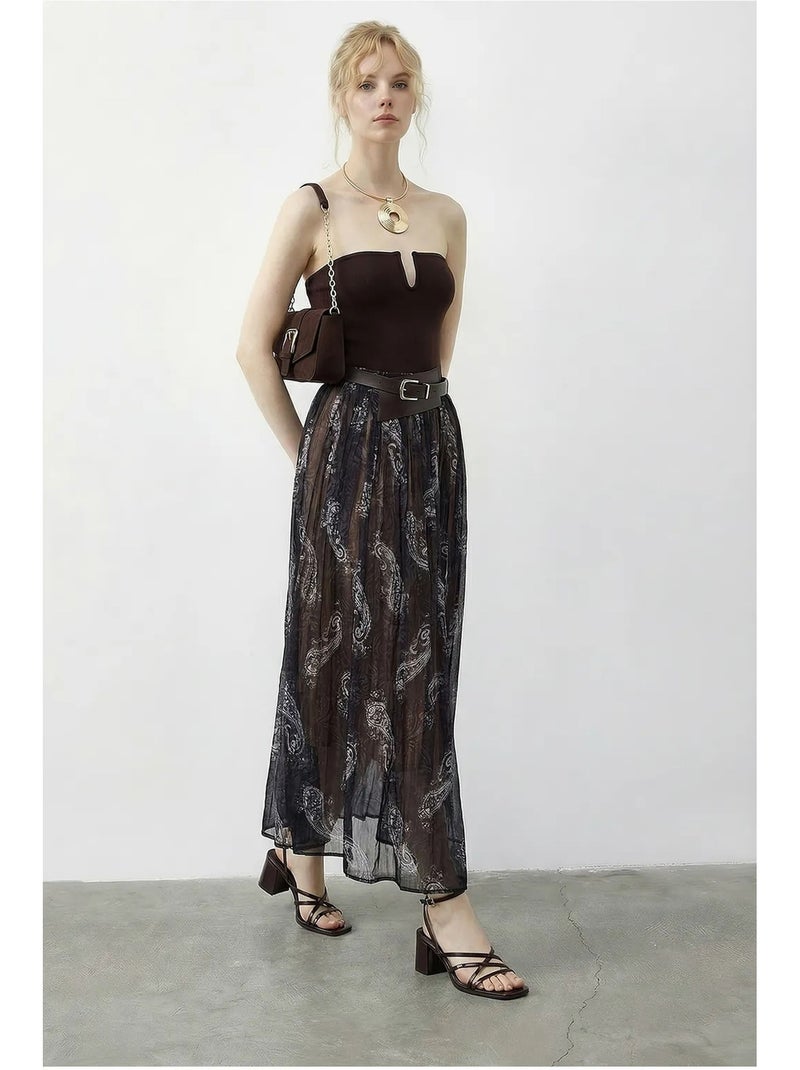 Jupe longue taille haute à motif cachemire avec ceinture lucci Bleu marine - Kiabi