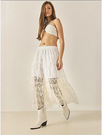 Jupe longue taille haute à volants et doublure courte en dentelle florale bianco lucci