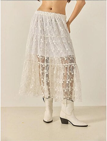 Jupe longue taille haute à volants et doublure courte en dentelle florale bianco lucci