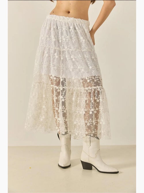 Jupe longue taille haute à volants et doublure courte en dentelle florale bianco lucci - Kiabi Jupe longue taille haute à volants et doublure courte en dentelle florale bianco lucci - Kiabi