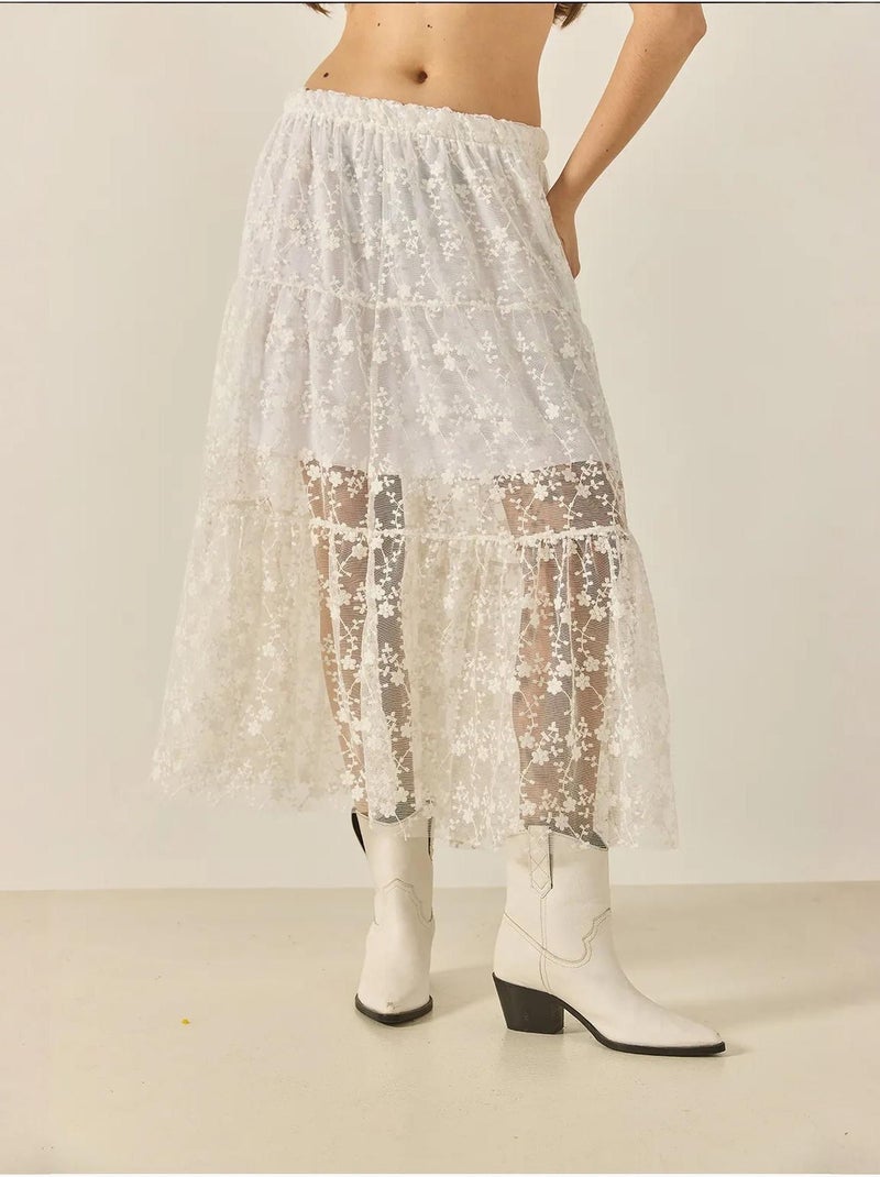 Jupe longue taille haute à volants et doublure courte en dentelle florale bianco lucci Blanc - Kiabi