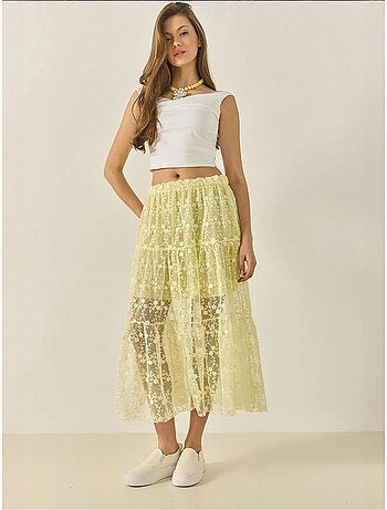Jupe longue taille haute à volants et doublure courte en dentelle florale bianco lucci