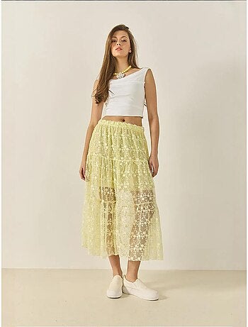 Jupe longue taille haute à volants et doublure courte en dentelle florale bianco lucci