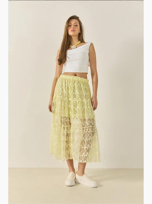 Jupe longue taille haute à volants et doublure courte en dentelle florale bianco lucci - Kiabi
