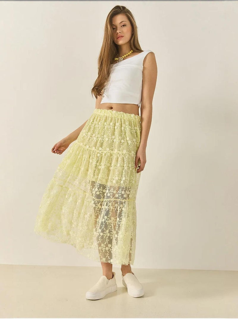 Jupe longue taille haute à volants et doublure courte en dentelle florale bianco lucci Jaune citron - Kiabi