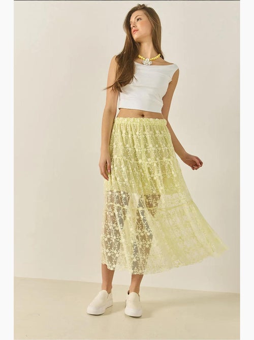 Jupe longue taille haute à volants et doublure courte en dentelle florale bianco lucci - Kiabi