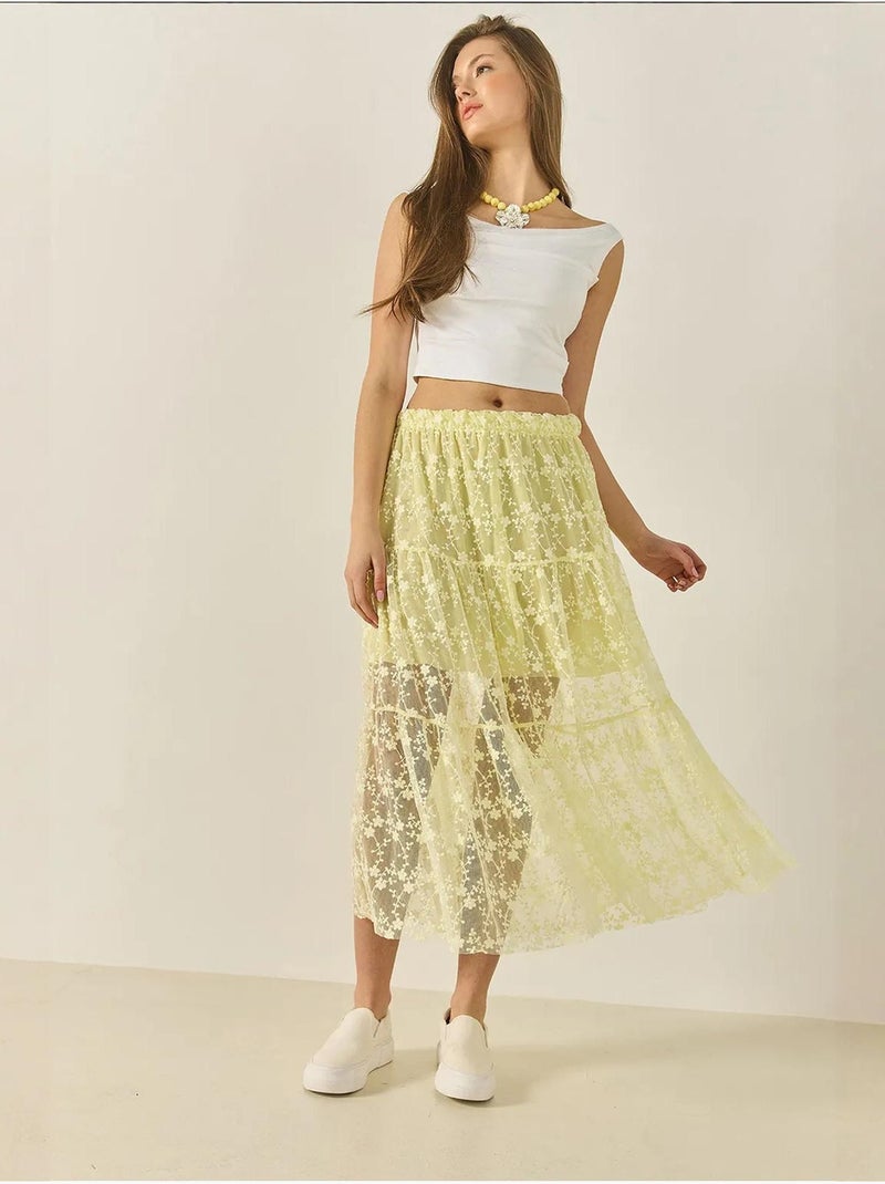 Jupe longue taille haute à volants et doublure courte en dentelle florale bianco lucci Jaune citron - Kiabi