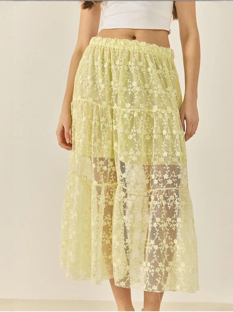 Jupe longue taille haute à volants et doublure courte en dentelle florale bianco lucci Jaune citron - Kiabi