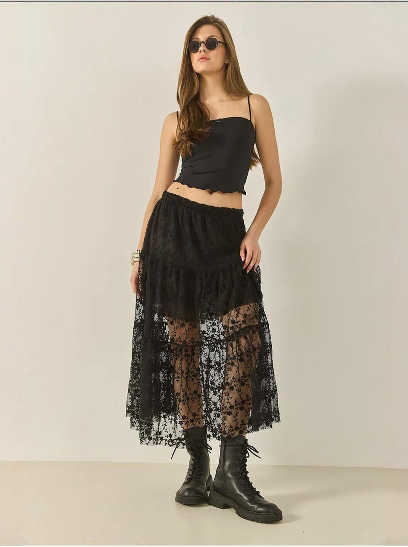Jupe longue taille haute à volants et doublure courte en dentelle florale bianco lucci Noir - Kiabi