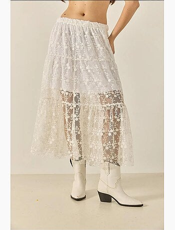 Jupe longue taille haute à volants et doublure courte en dentelle florale lucci