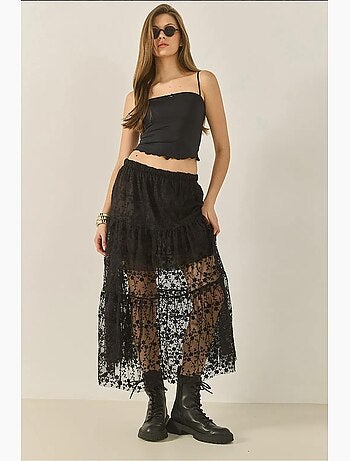 Jupe longue taille haute à volants et doublure courte en dentelle florale lucci