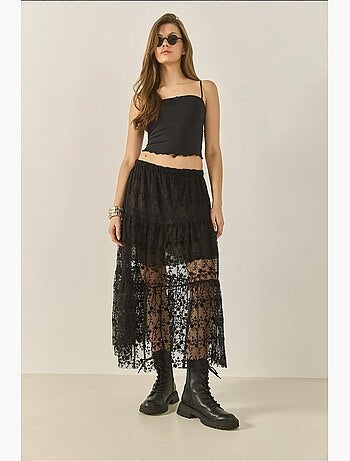 Jupe longue taille haute à volants et doublure courte en dentelle florale lucci