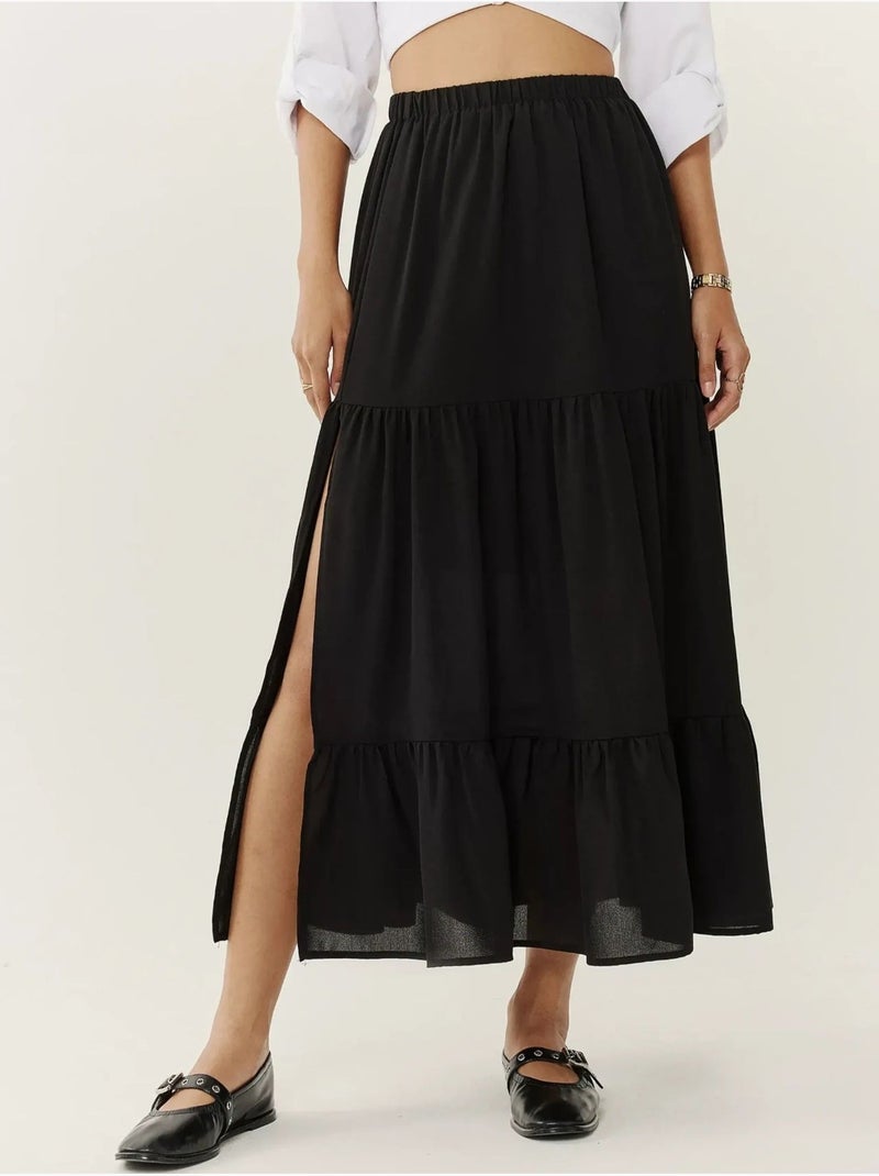 Jupe longue taille haute avec fente Noir - Kiabi