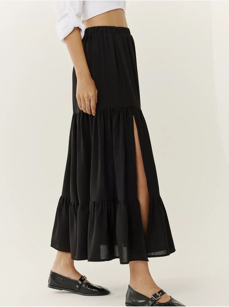Jupe longue taille haute avec fente Noir - Kiabi