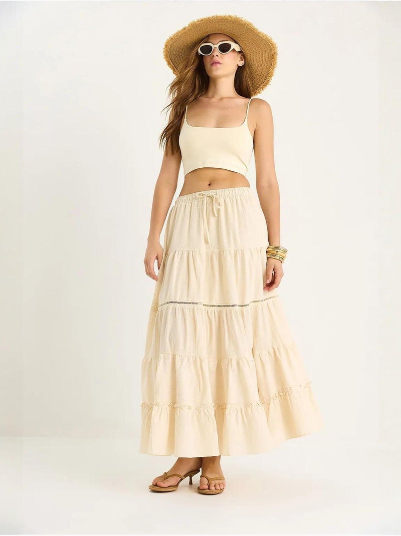 Jupe longue texturée taille haute avec fente lucci Beige argile - Kiabi