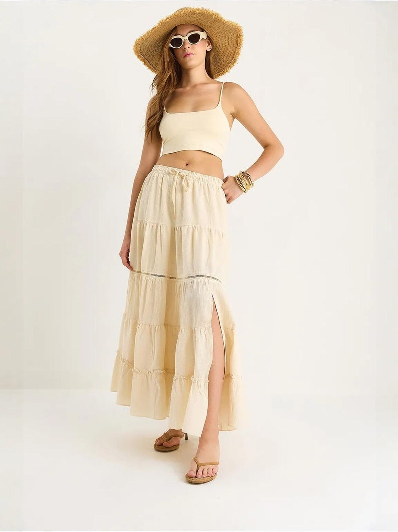 Jupe longue texturée taille haute avec fente lucci Beige argile - Kiabi