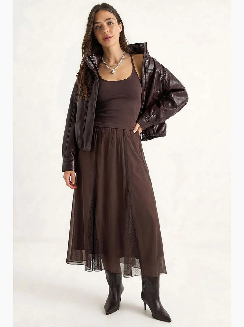Jupe longue trapèze en mousseline, taille haute lucci Marron foncé - Kiabi