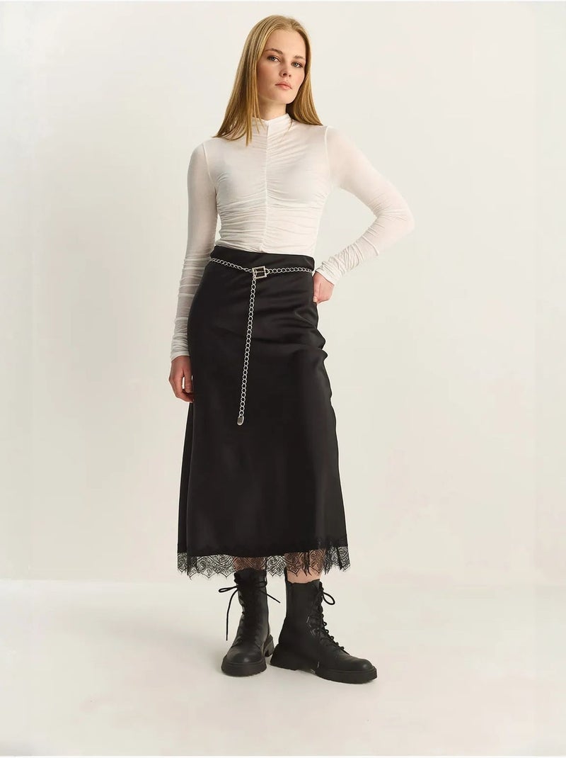 Jupe longue trapèze en satin taille haute lucci Noir - Kiabi