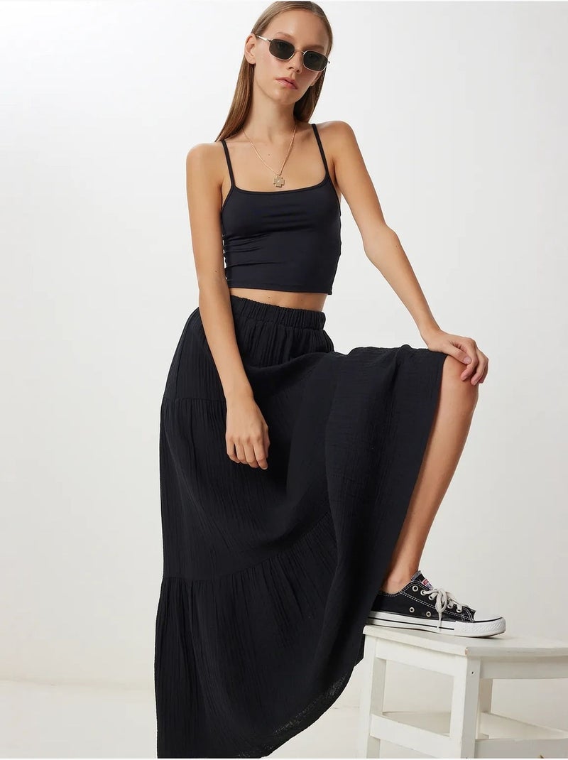 Jupe longue trapèze taille haute istanbul Noir - Kiabi