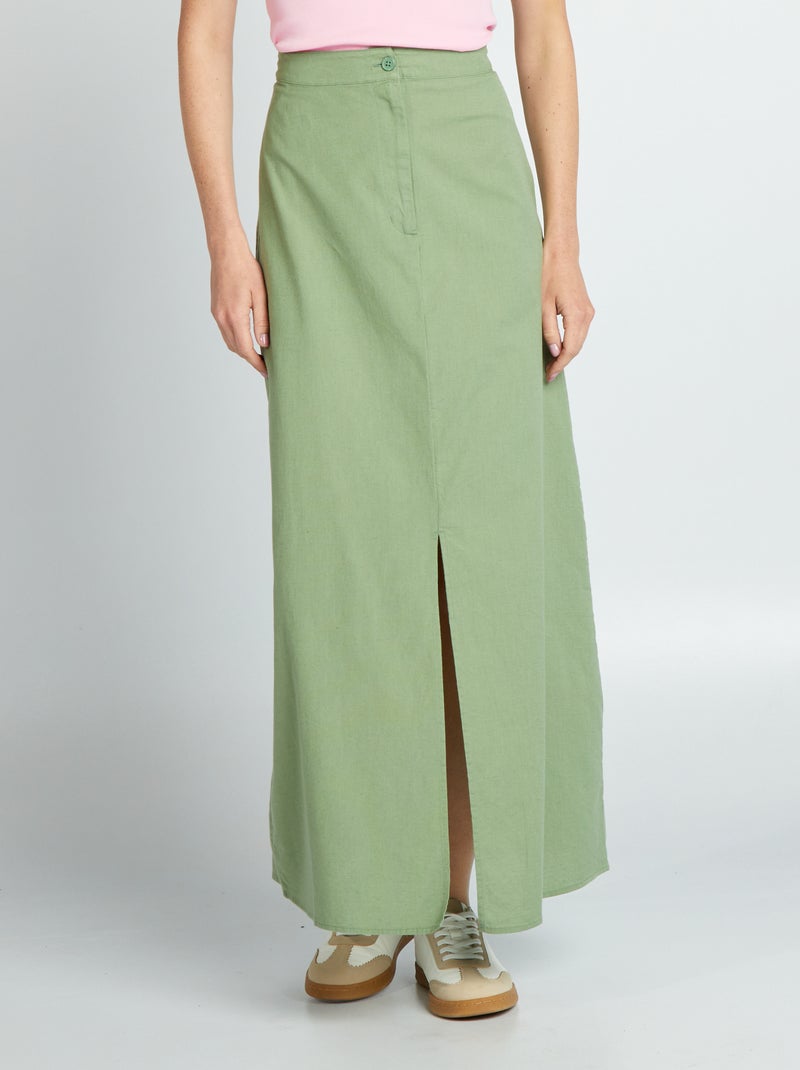 Jupe maxi longue en coton et lin vert - Kiabi