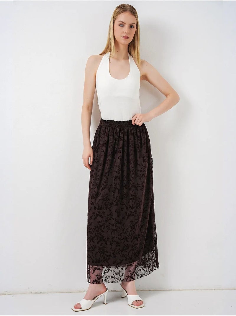 Jupe maxi trapèze taille haute à fleurs bdart Marron chocolat - Kiabi