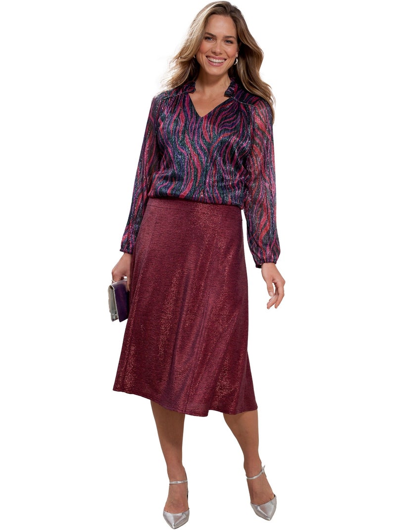 Jupe mi longue évasée maille brillante Framboise - Kiabi