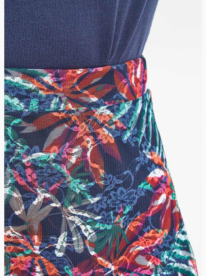 Jupe mi-longue évasée maille dentelle imprimée - Afibel Bleu marine/Orange fluo - Kiabi