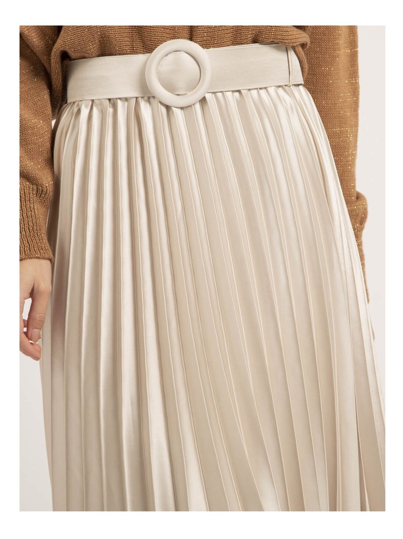 Jupe mi-longue plissée satin et ceinture XOLIA Beige - Kiabi