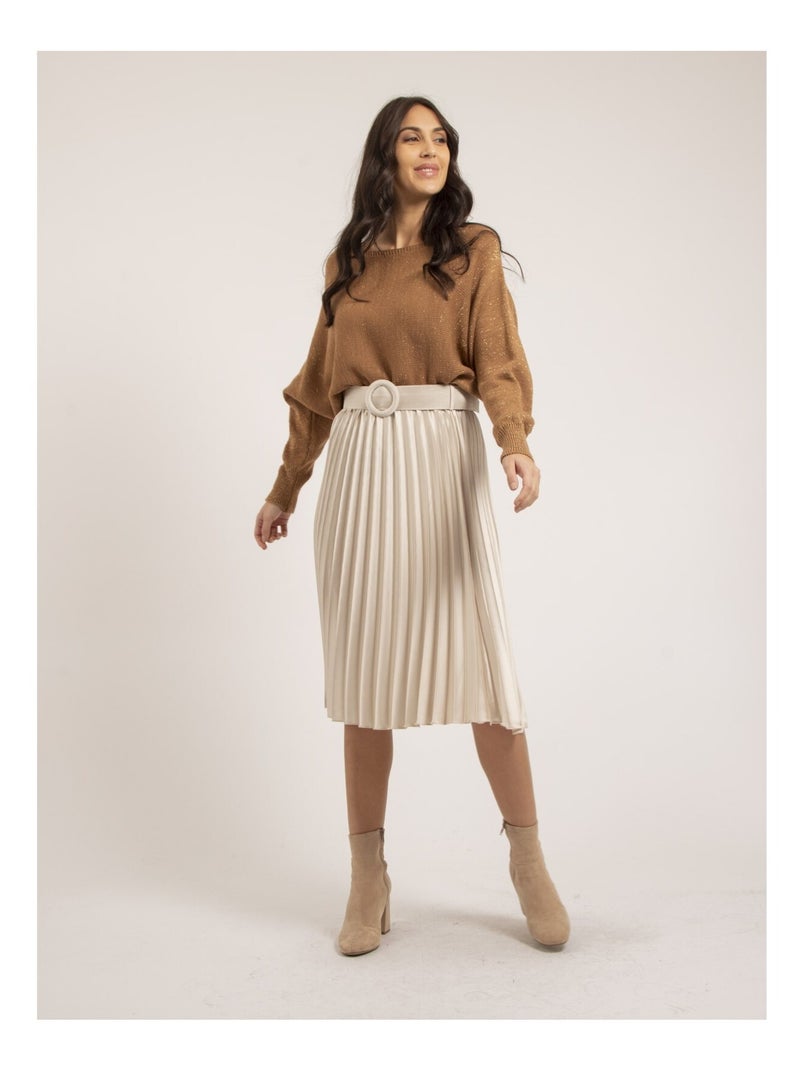 Jupe mi-longue plissée satin et ceinture XOLIA Beige - Kiabi