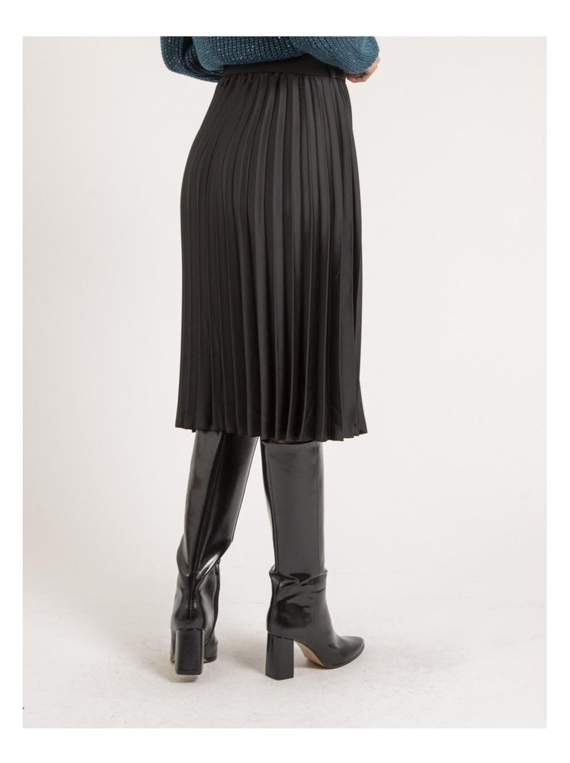 Jupe mi-longue plissée satin et ceinture XOLIA Noir - Kiabi