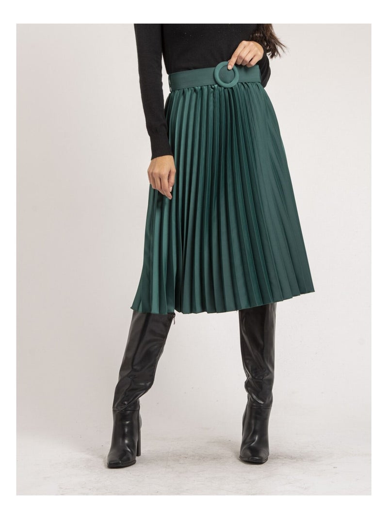 Jupe mi-longue plissée satin et ceinture XOLIA Vert forêt - Kiabi