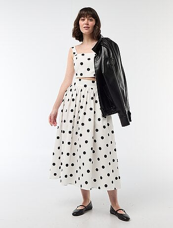 Jupe midi à pinces évasée avec motif à pois
