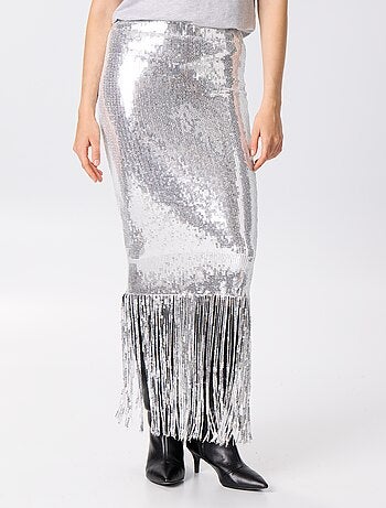 Jupe midi à sequins et franges