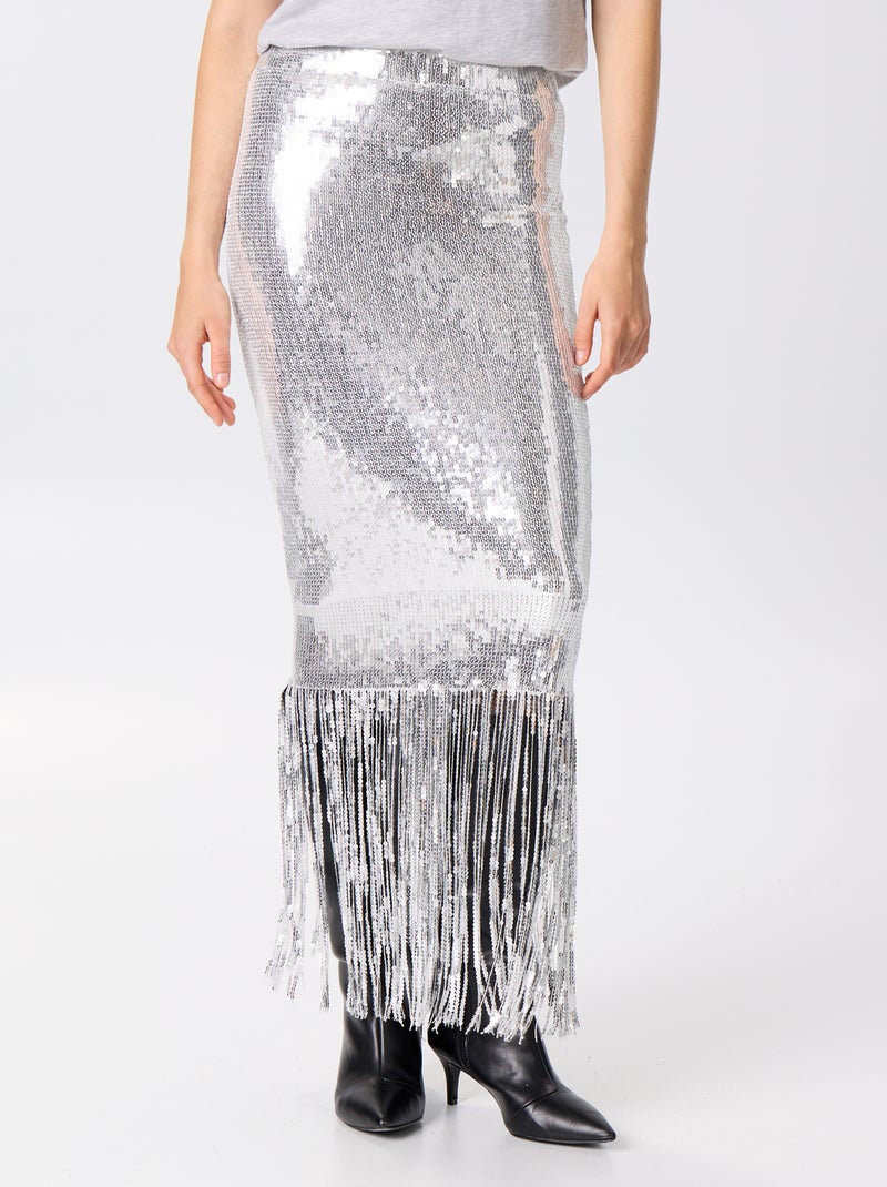Jupe midi à sequins et franges Gris - Kiabi
