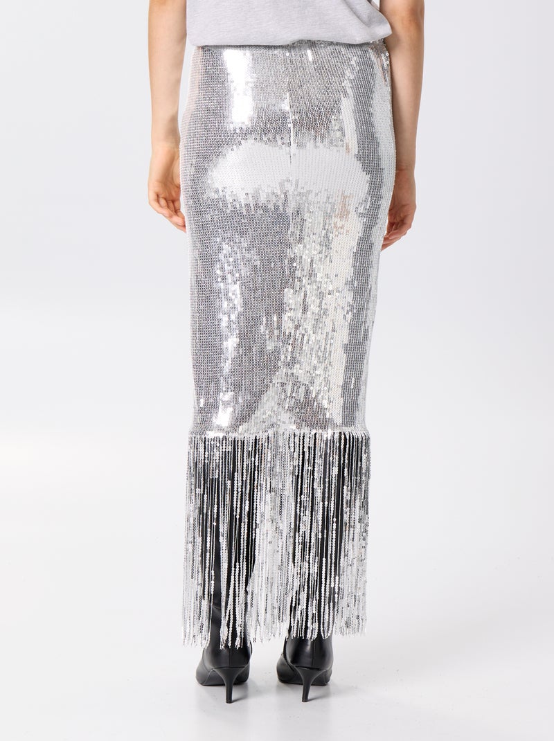 Jupe midi à sequins et franges Gris - Kiabi